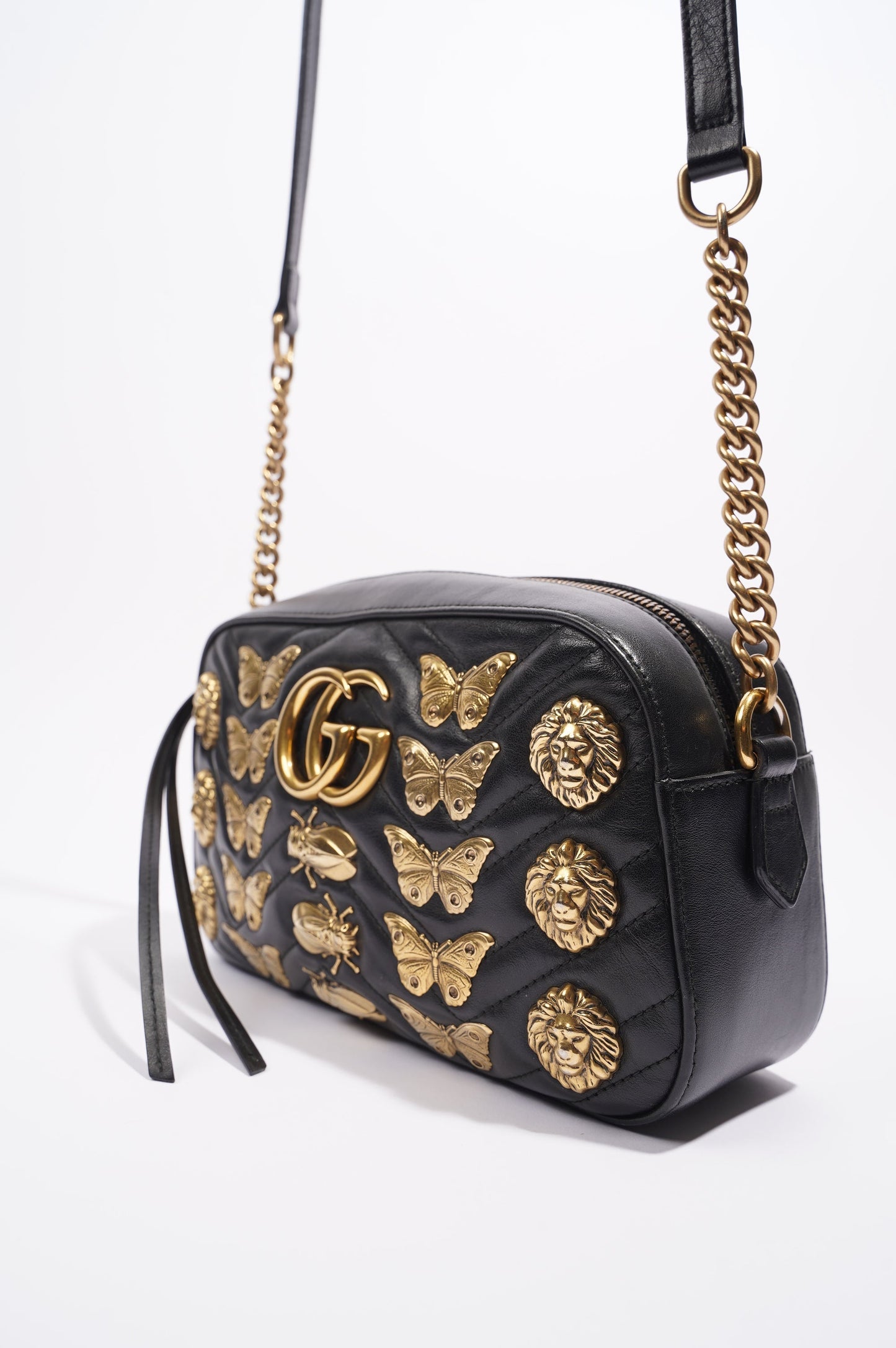 Gucci Womens Animal Studs GG Marmont Zip Bag Black Leather Small