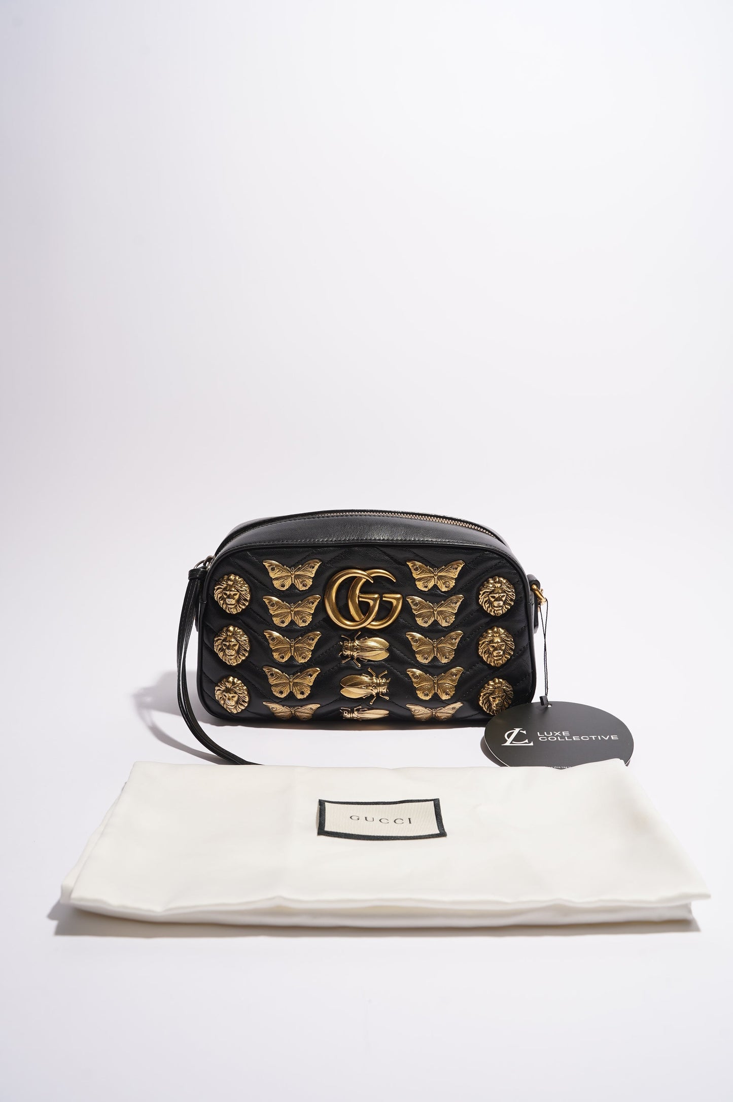 Gucci Womens Animal Studs GG Marmont Zip Bag Black Leather Small