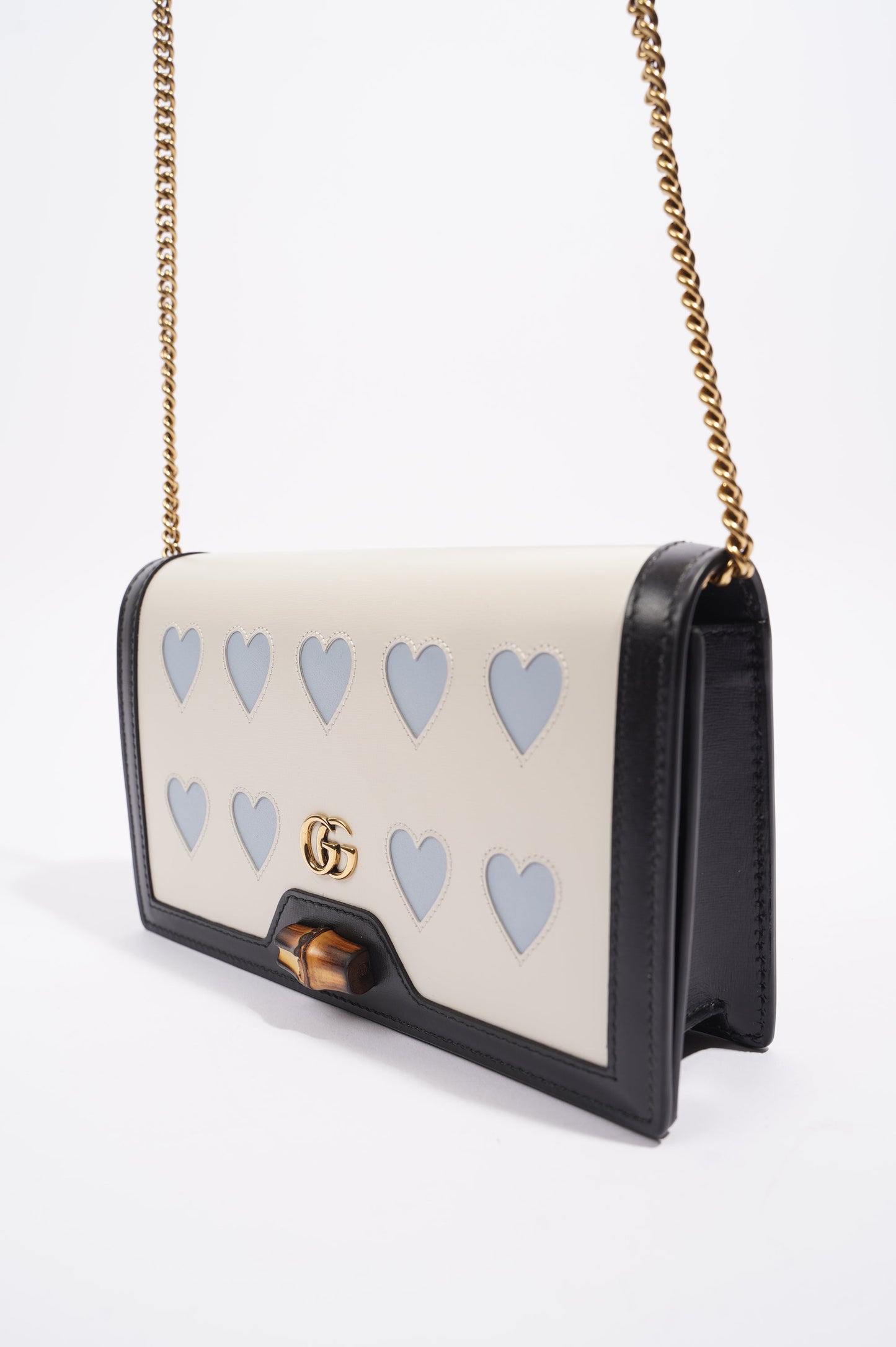 Gucci Womens Diana Mini Bag With Bamboo / White / Baby Blue Hearts