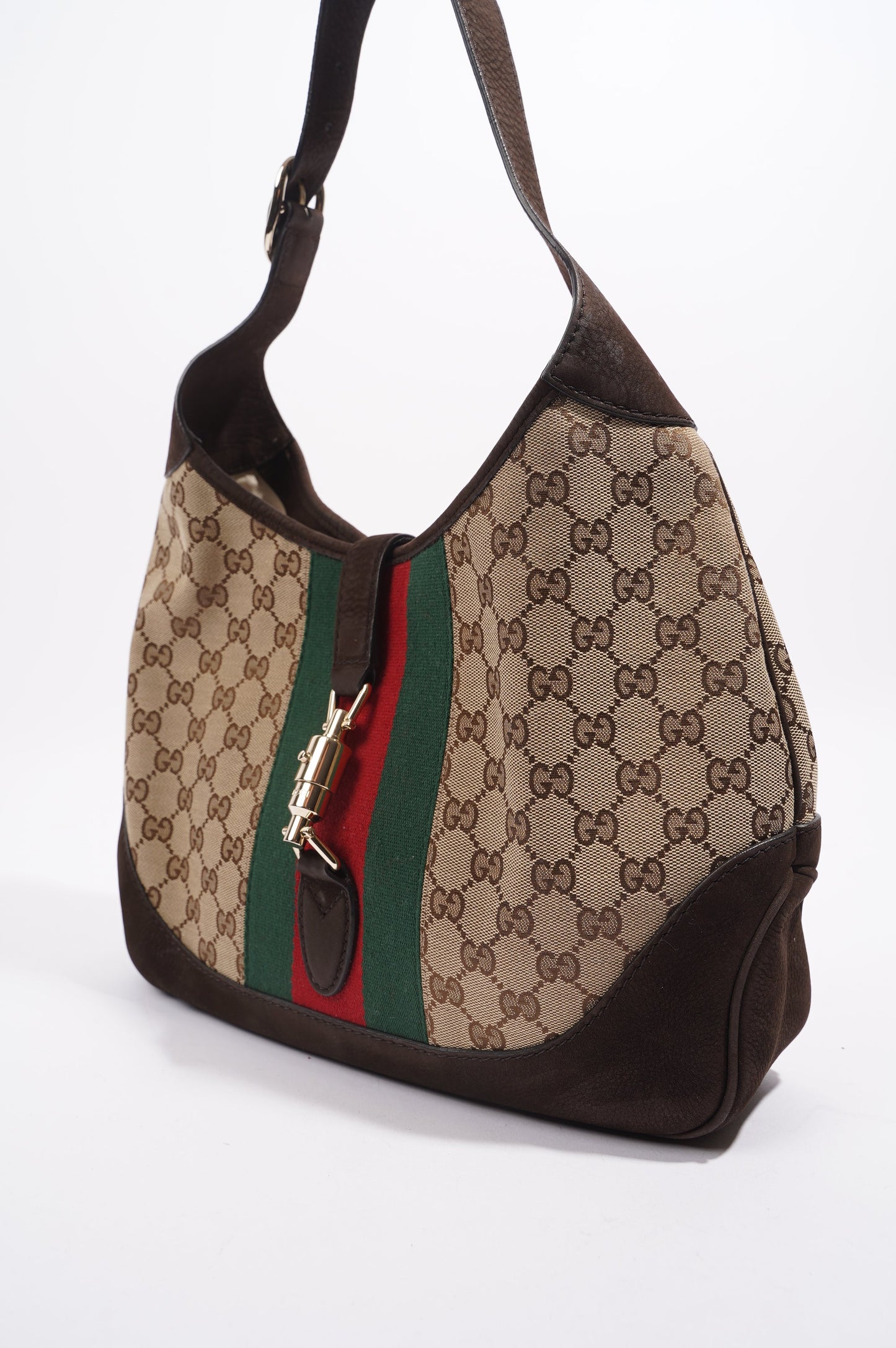 Gucci Womens Jackie Web Cherry Line Bag Brown Leather Canvas