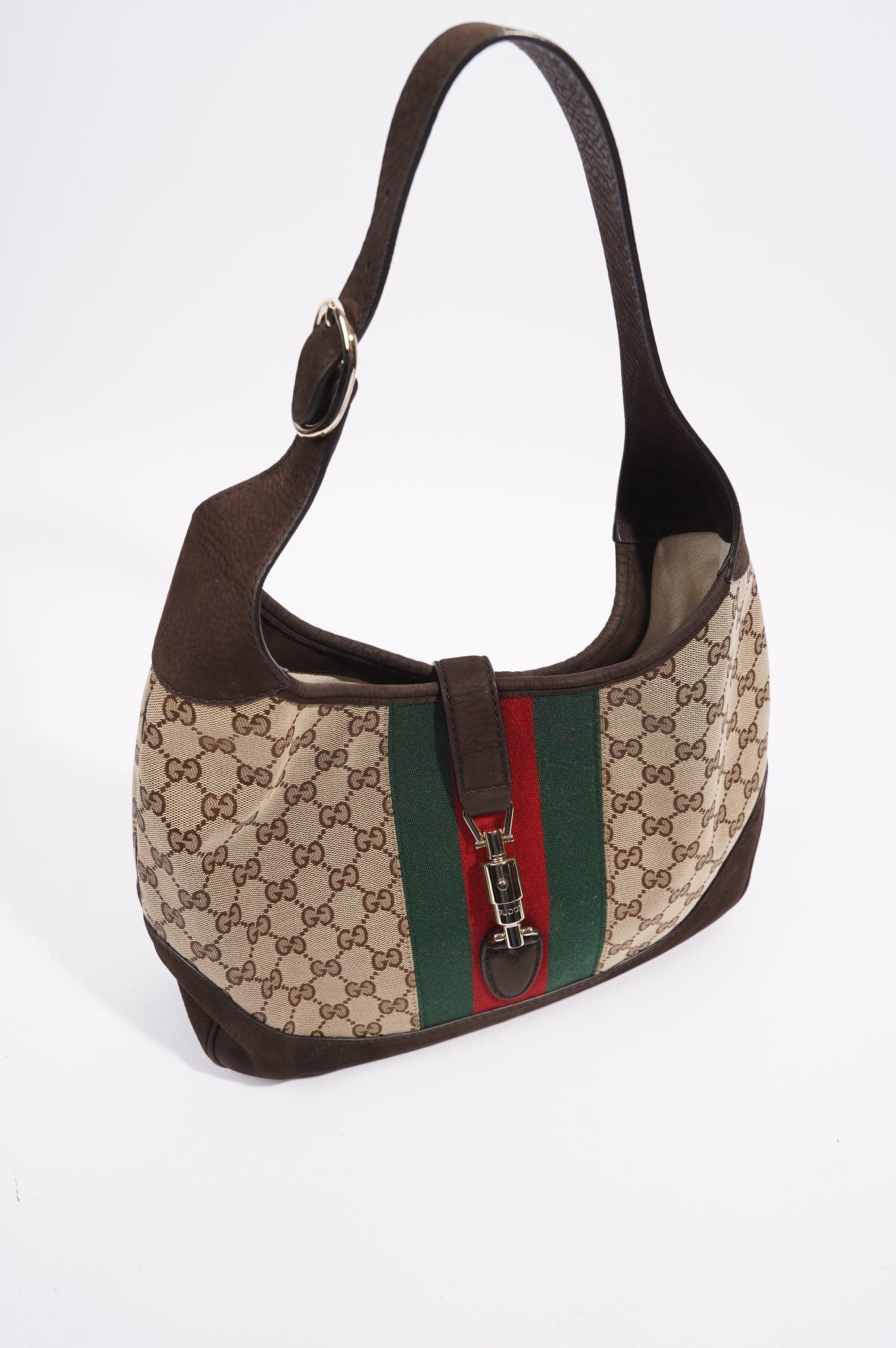 Gucci Womens Jackie Web Cherry Line Bag Brown Leather Canvas