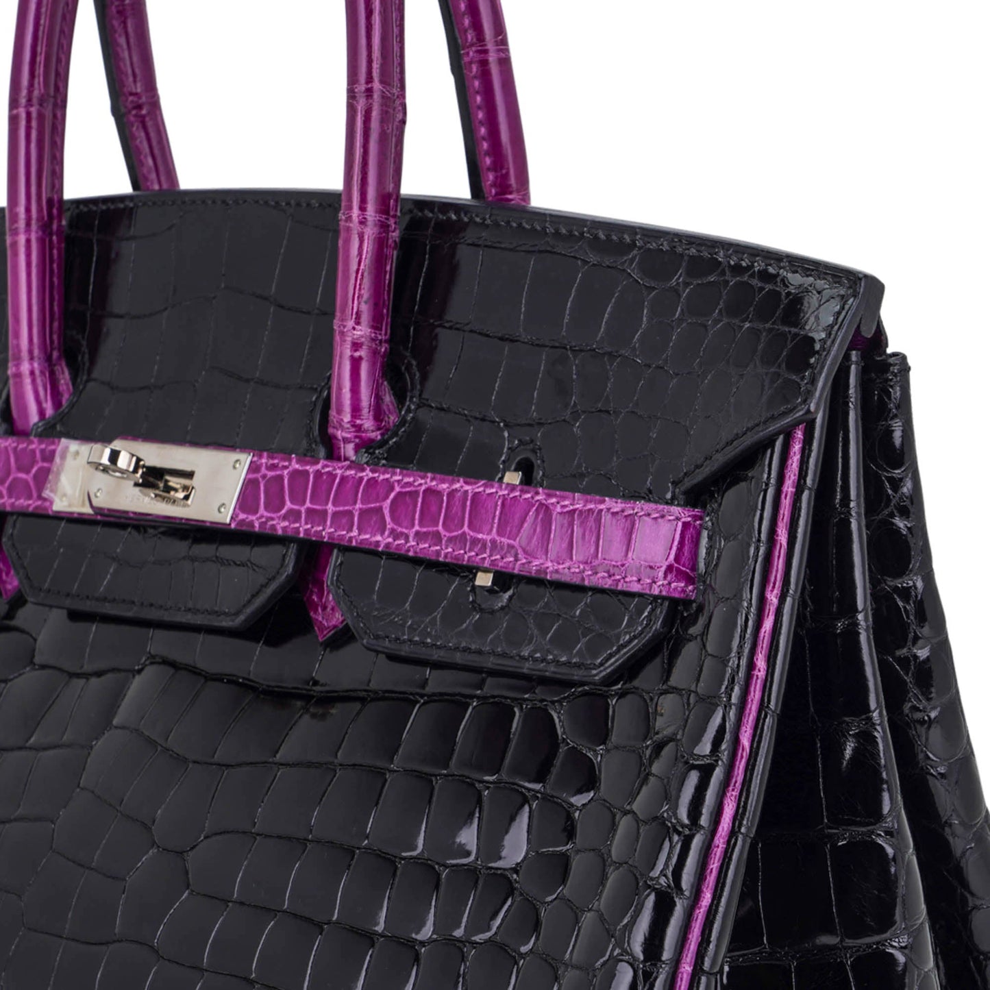 Hermes Special Order HSS Birkin 35 Bag Black & Violet Porosus Crocodile with Palladium Hardware