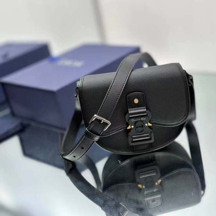 Dior CD Unisex Mini Gallop Bag Strap Black Grained Calfskin Flap Closure