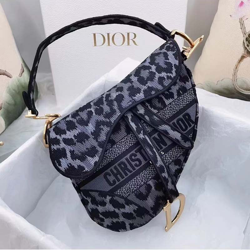 Dior CD Women Saddle Bag Gray Mizza Embroidery Magnetic ‘D’ Stirrup Closure