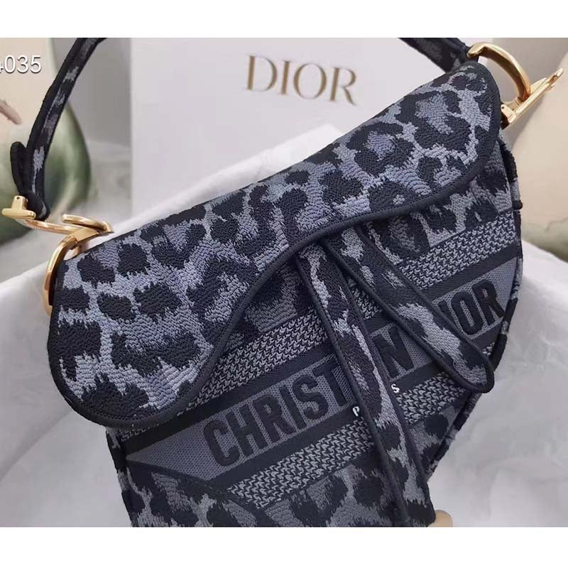 Dior CD Women Saddle Bag Gray Mizza Embroidery Magnetic ‘D’ Stirrup Closure