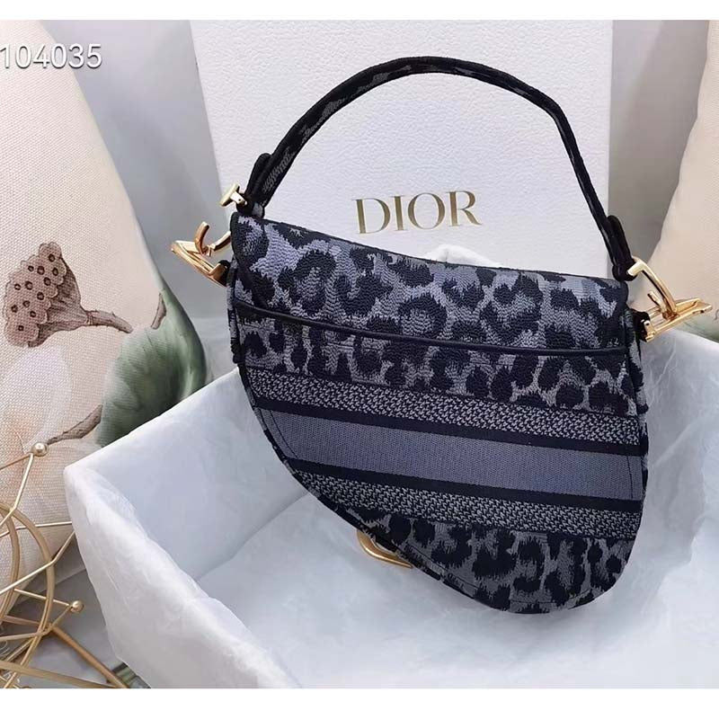 Dior CD Women Saddle Bag Gray Mizza Embroidery Magnetic ‘D’ Stirrup Closure