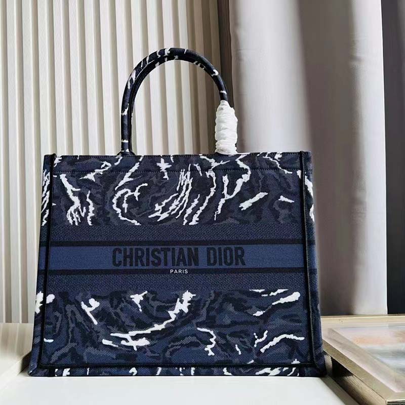 Dior Unisex CD Large Dior Book Tote Blue Dior Roses Embroidery