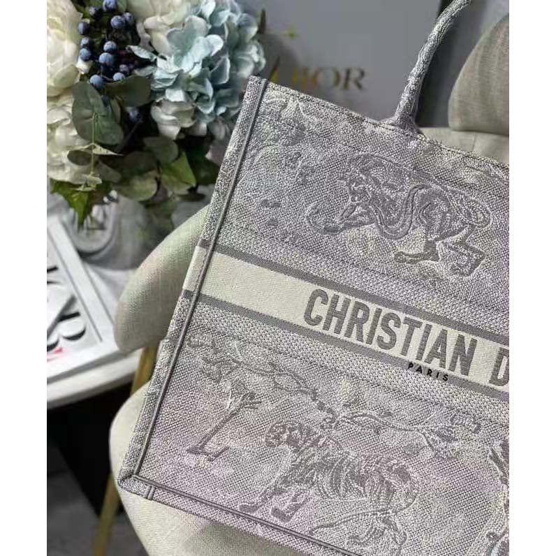 Dior Unisex CD Large Dior Book Tote Gray Toile De Jouy Embroidery