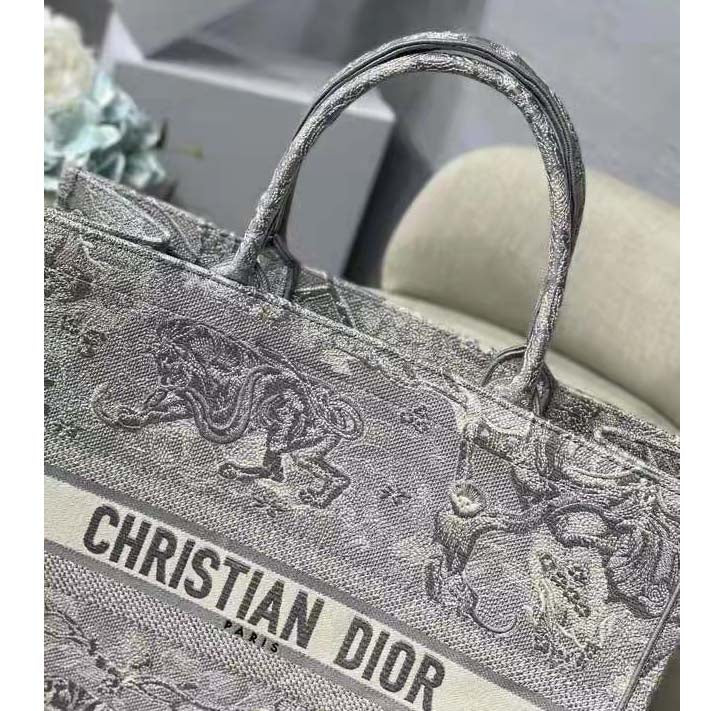 Dior Unisex CD Large Dior Book Tote Gray Toile De Jouy Embroidery