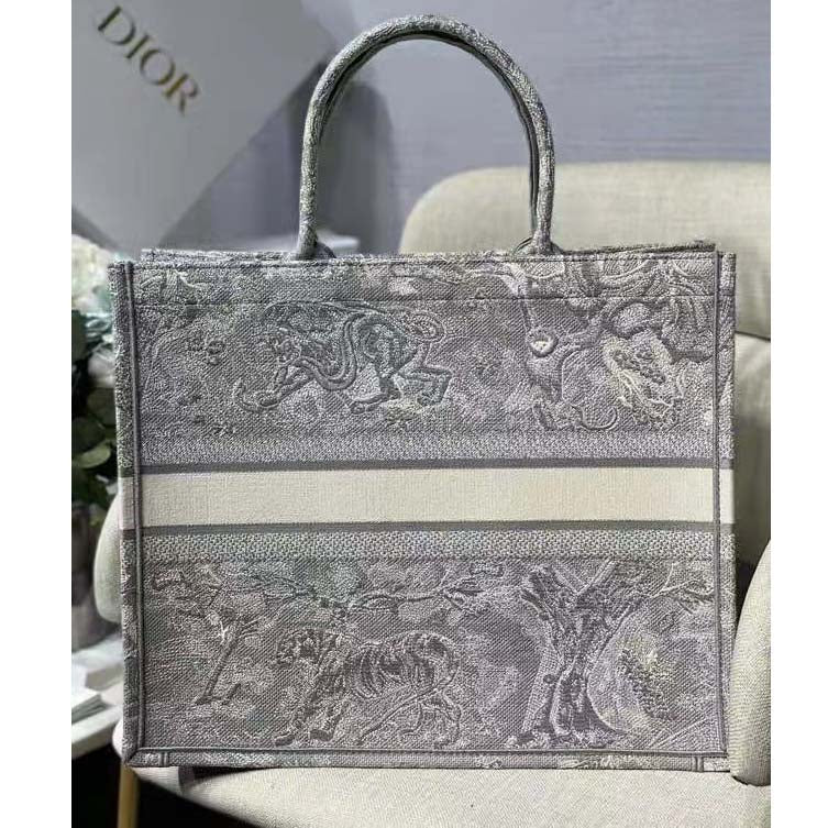 Dior Unisex CD Large Dior Book Tote Gray Toile De Jouy Embroidery