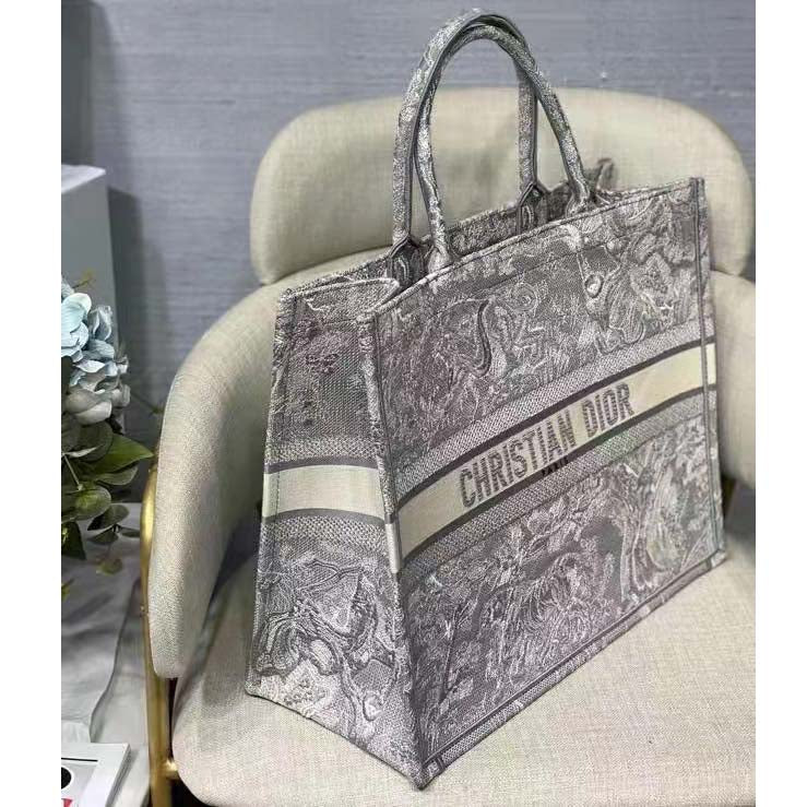 Dior Unisex CD Large Dior Book Tote Gray Toile De Jouy Embroidery