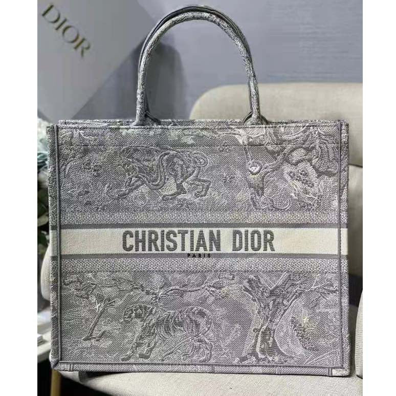 Dior Unisex CD Large Dior Book Tote Gray Toile De Jouy Embroidery