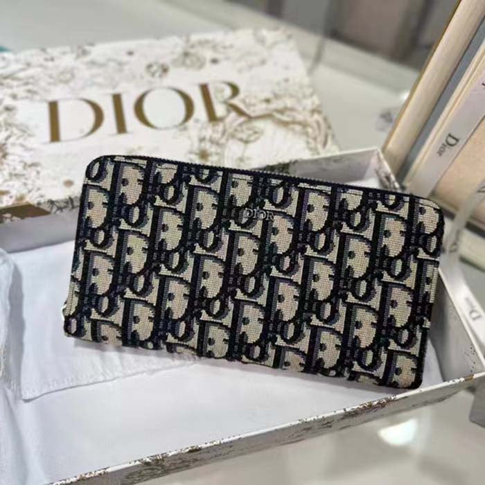 Dior Unisex CD Zipped Long Wallet Beige Black Dior Oblique Jacquard