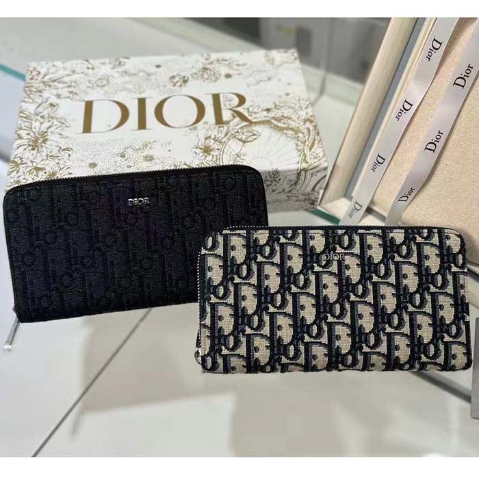 Dior Unisex CD Zipped Long Wallet Beige Black Dior Oblique Jacquard