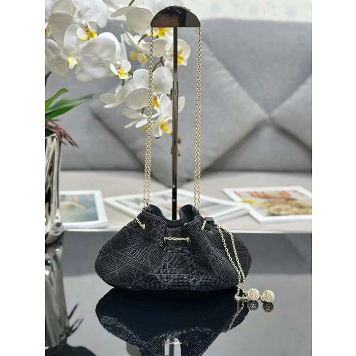 Dior Women CD Dream Bucket Bag Black Cannage Cotton Bead Embroidery