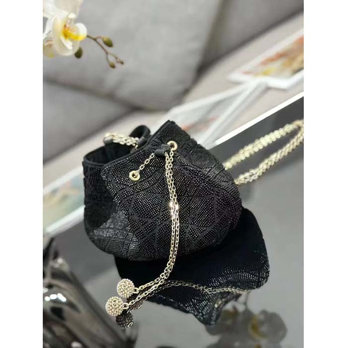 Dior Women CD Dream Bucket Bag Black Cannage Cotton Bead Embroidery