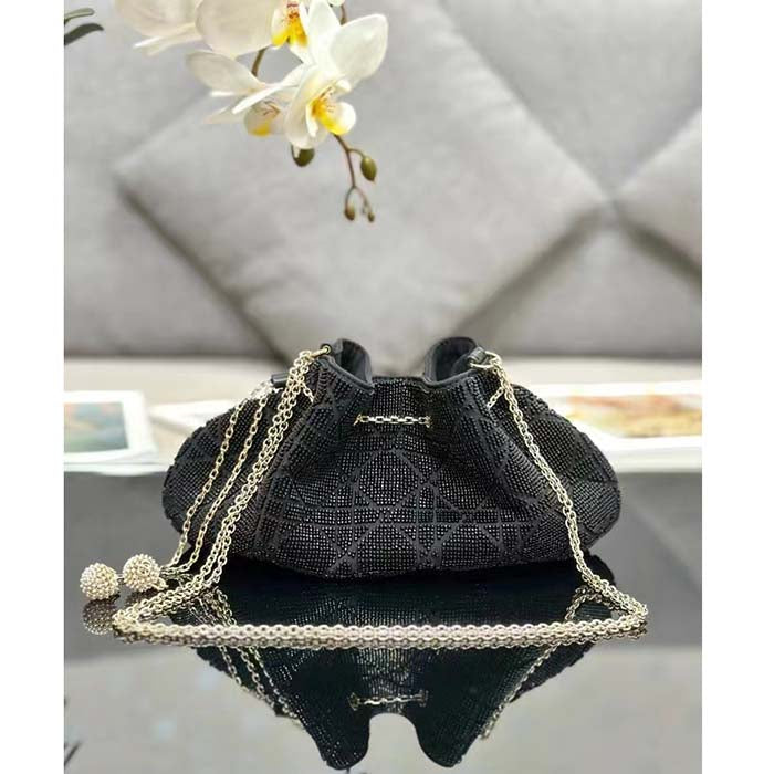 Dior Women CD Dream Bucket Bag Black Cannage Cotton Bead Embroidery