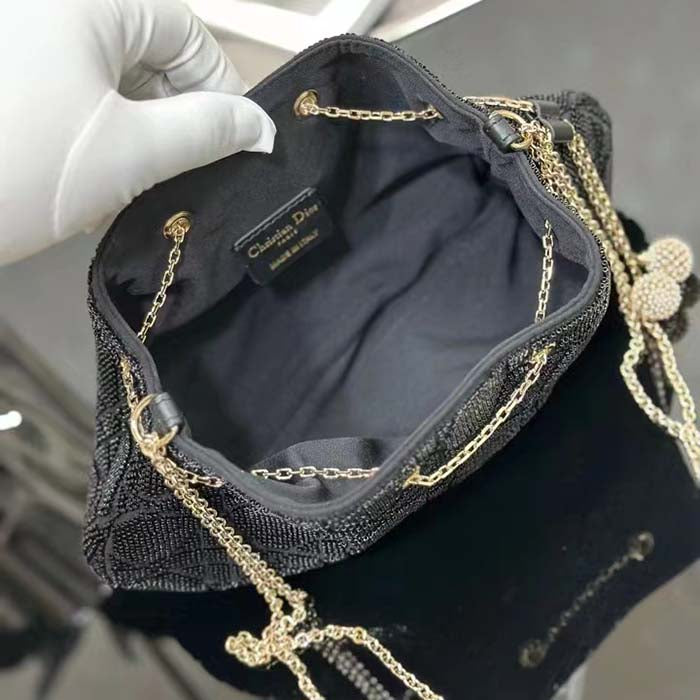 Dior Women CD Dream Bucket Bag Black Cannage Cotton Bead Embroidery