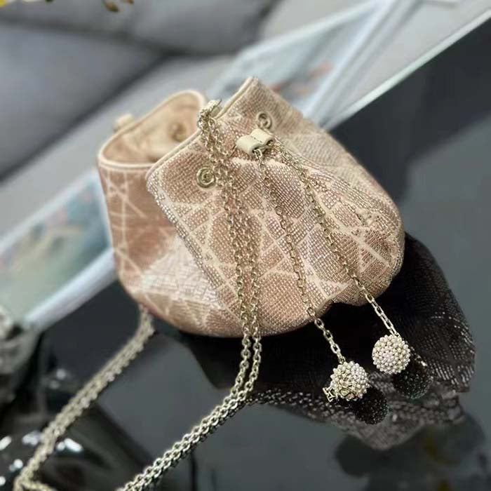 Dior Women CD Dream Bucket Bag Dusty Ivory Cannage Cotton Bead Embroidery