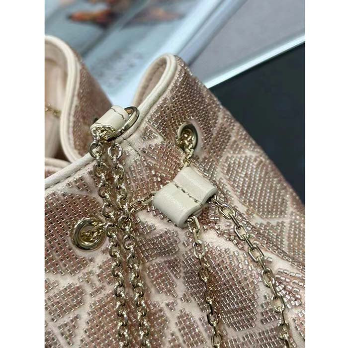 Dior Women CD Dream Bucket Bag Dusty Ivory Cannage Cotton Bead Embroidery