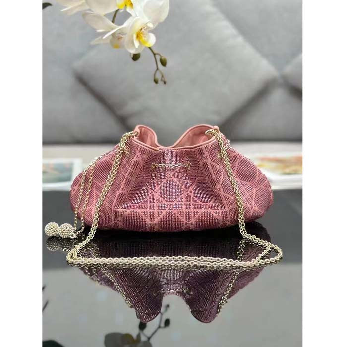 Dior Women CD Dream Bucket Bag Ethereal Pink Cannage Cotton Bead Embroidery