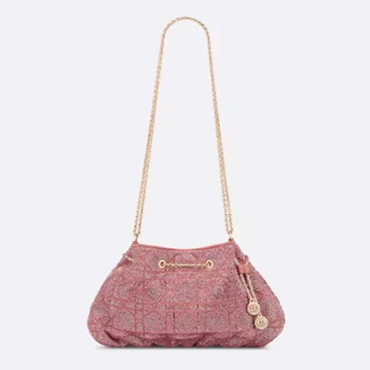 Dior Women CD Dream Bucket Bag Ethereal Pink Cannage Cotton Bead Embroidery