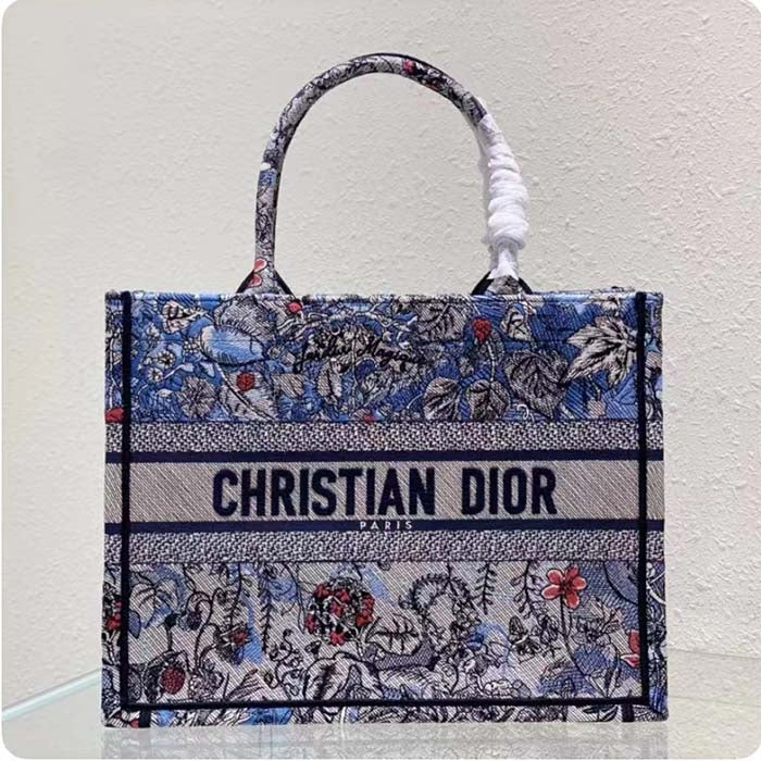 Dior Women CD Large Book Tote Denim Multicolor Jardin Magique Embroidery