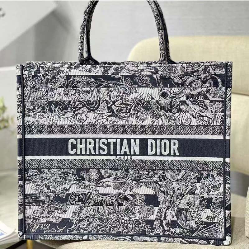 Dior Women CD Large Book Tote Navy Blue Toile De Jouy Stripes Embroidery