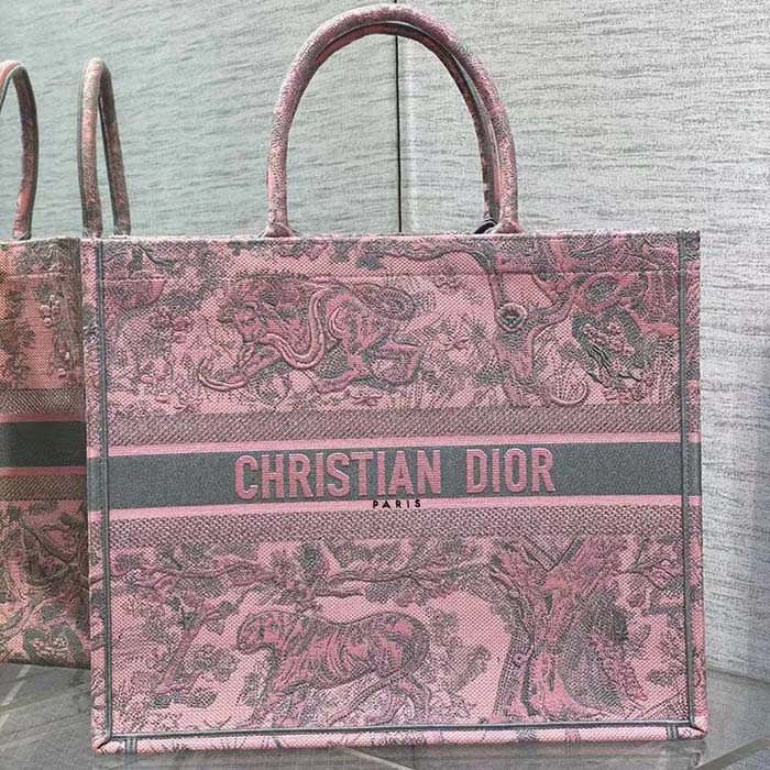 Dior Women CD Large Book Tote Pink Gray Toile De Jouy Sauvage Embroidery