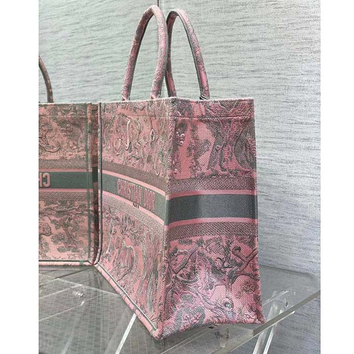 Dior Women CD Large Book Tote Pink Gray Toile De Jouy Sauvage Embroidery