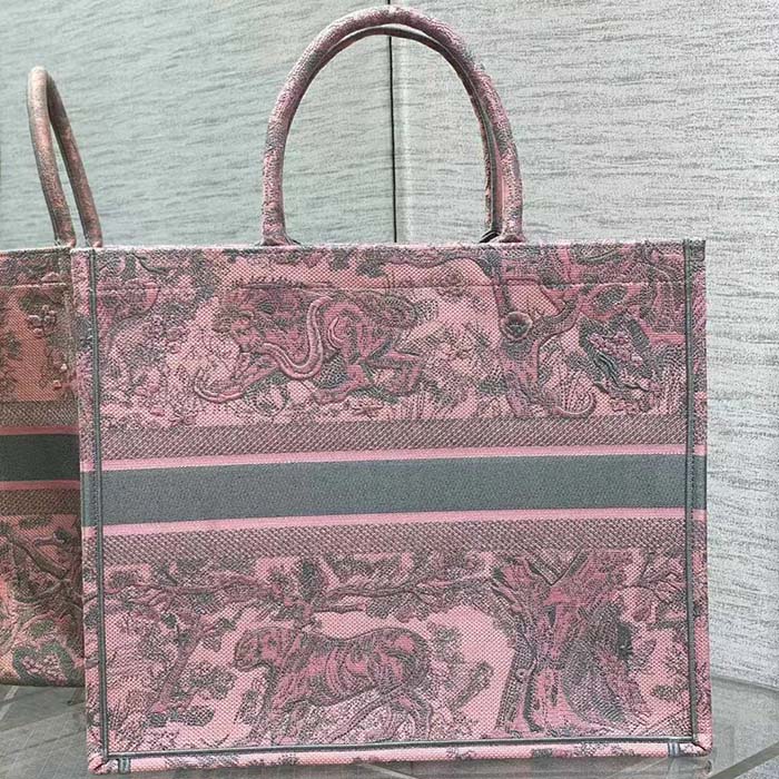 Dior Women CD Large Book Tote Pink Gray Toile De Jouy Sauvage Embroidery