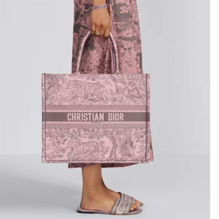 Dior Women CD Large Book Tote Pink Gray Toile De Jouy Sauvage Embroidery