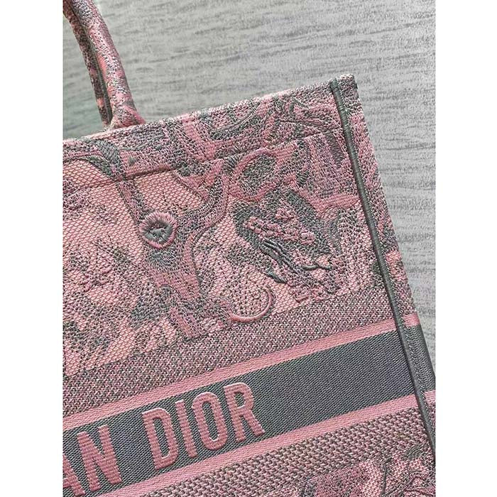 Dior Women CD Large Book Tote Pink Gray Toile De Jouy Sauvage Embroidery