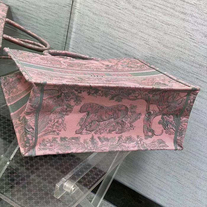 Dior Women CD Large Book Tote Pink Gray Toile De Jouy Sauvage Embroidery