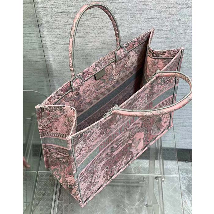 Dior Women CD Large Book Tote Pink Gray Toile De Jouy Sauvage Embroidery