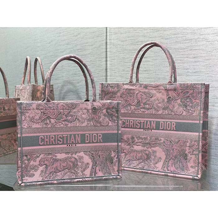 Dior Women CD Large Book Tote Pink Gray Toile De Jouy Sauvage Embroidery