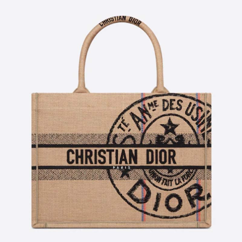 Dior Women CD Medium Book Tote Beige Jute Canvas Embroidered Union Motif