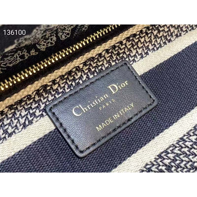 Dior Women CD Large Book Tote Navy Blue Toile De Jouy Stripes Embroidery