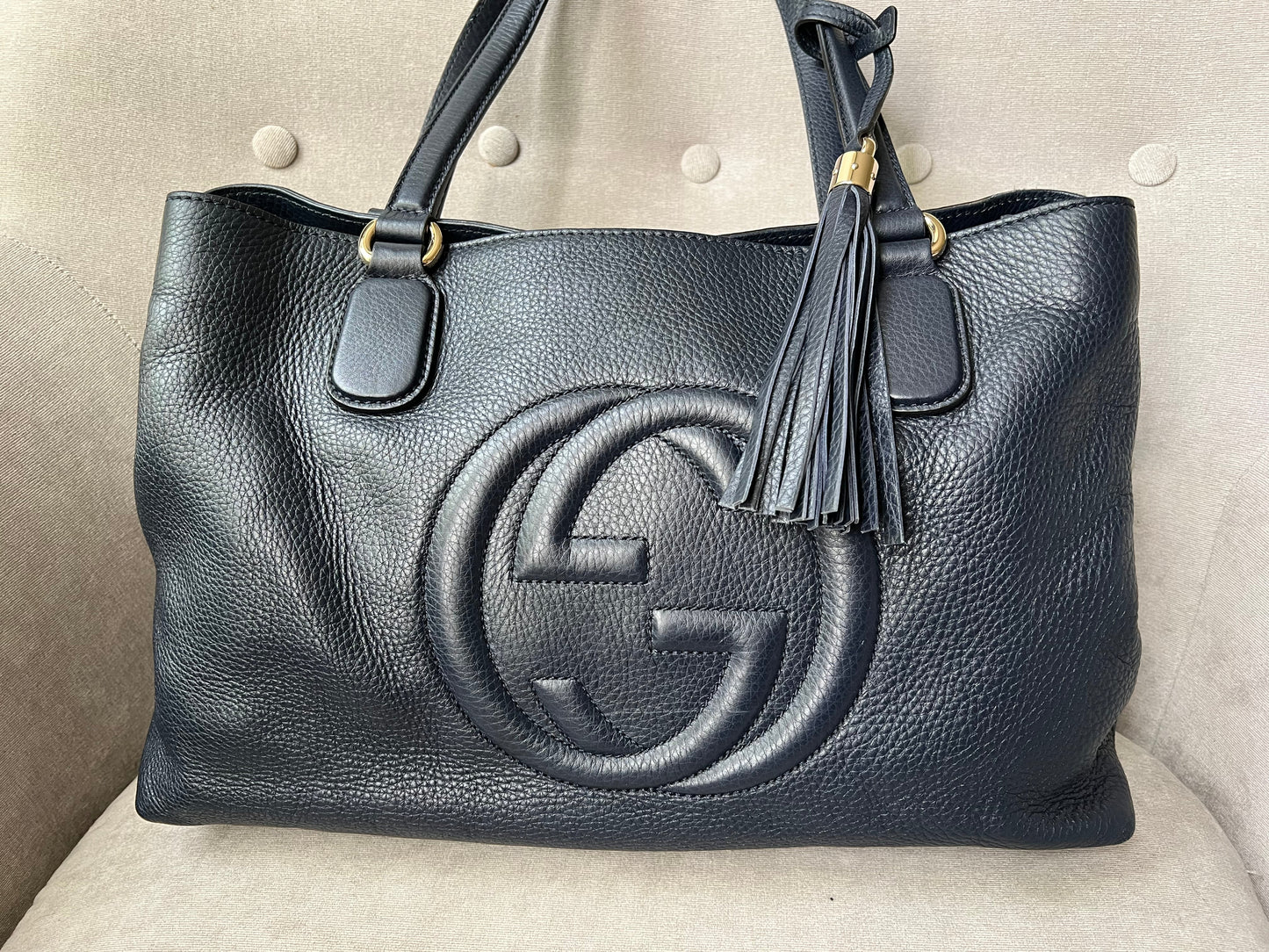 Gucci Soho Working Tote in Navy Blue Pebbled Calfskin