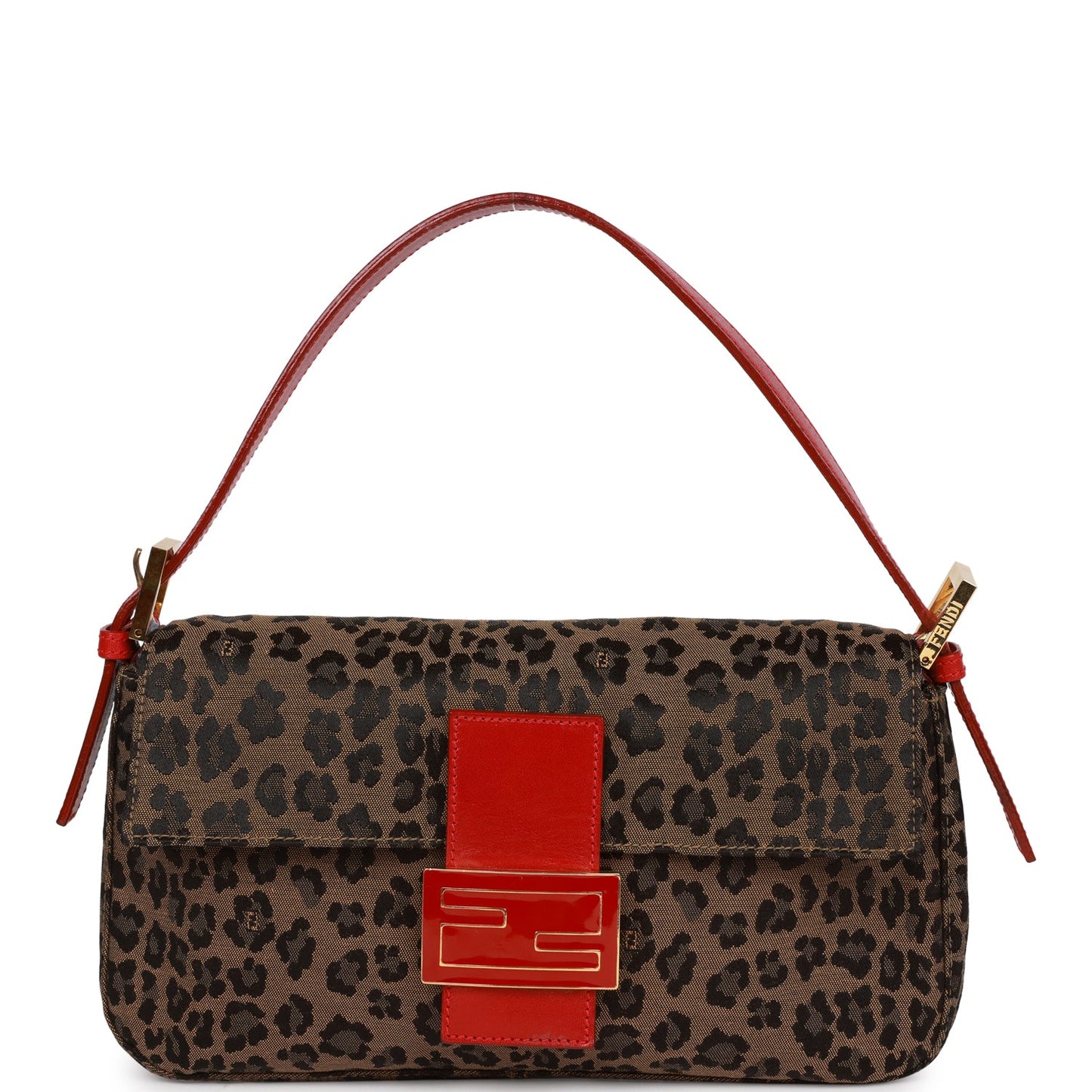 Vintage Fendi Leopard Baguette Bag Red Leather Gold Hardware