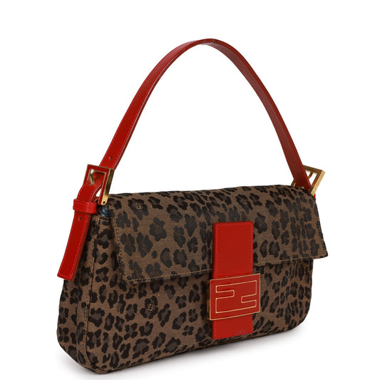 Vintage Fendi Leopard Baguette Bag Red Leather Gold Hardware