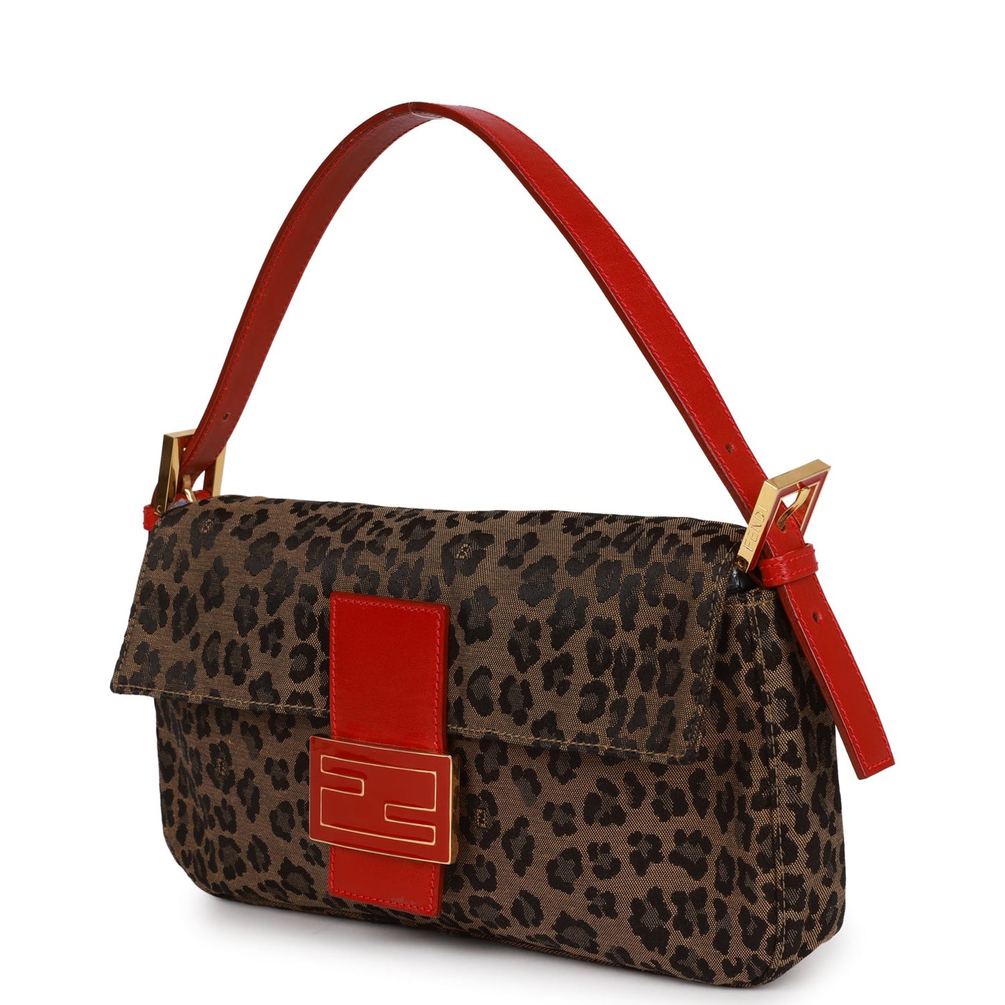 Vintage Fendi Leopard Baguette Bag Red Leather Gold Hardware