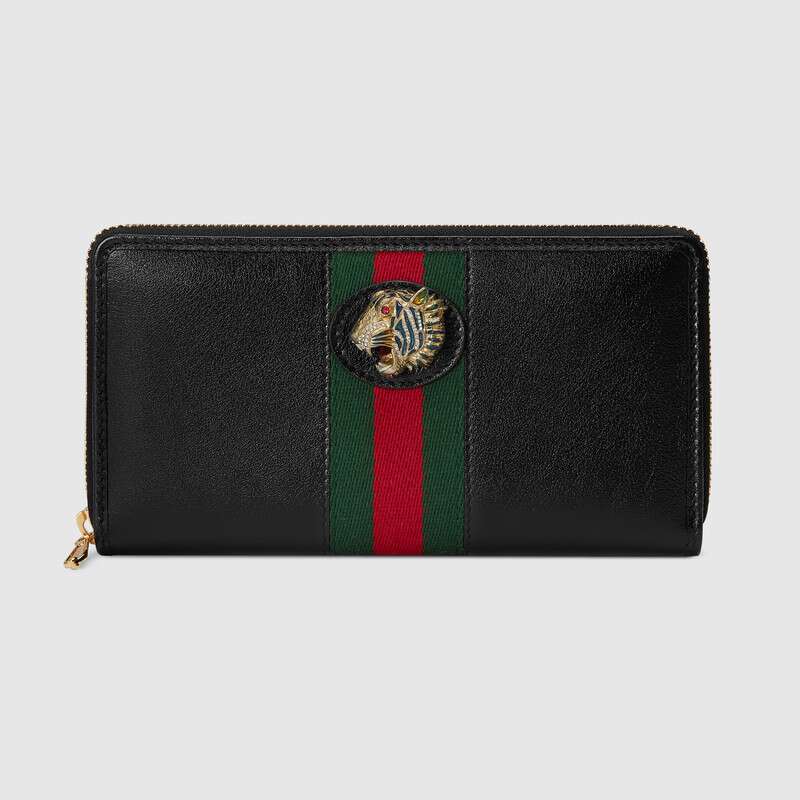 Gucci GG Unisex Rajah Zip Around Wallet in Cerise Leather with a Vintage Effect-Black