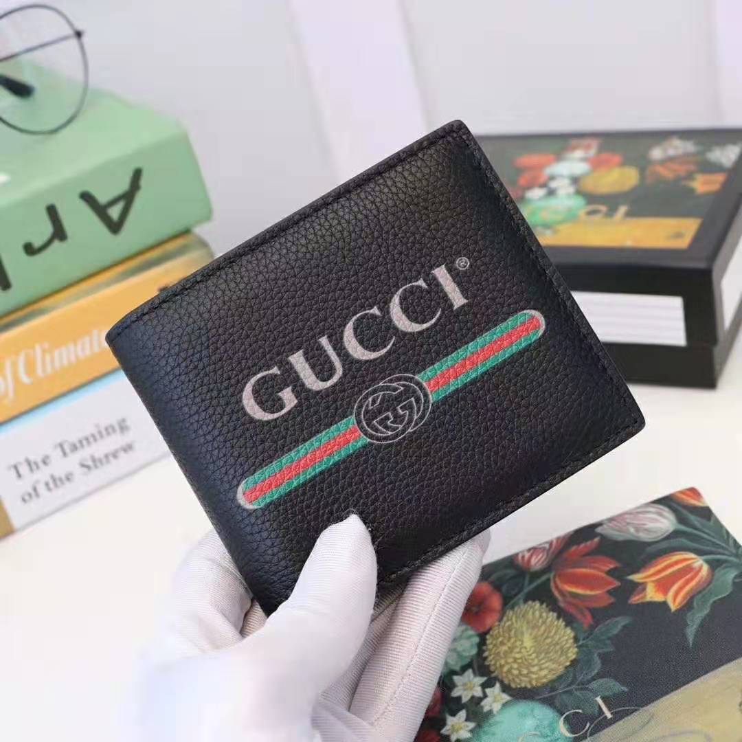 Gucci GG Men Gucci Print Leather Bi-Fold Wallet in Black Leather