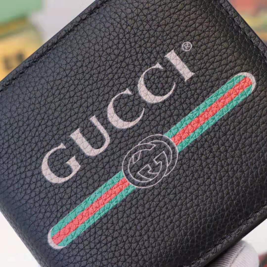 Gucci GG Men Gucci Print Leather Bi-Fold Wallet in Black Leather