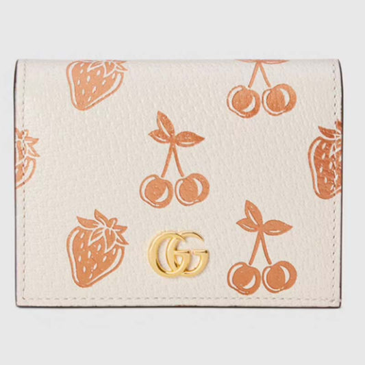 Gucci GG Unisex GG Marmont Berry Card Case Wallet White Double G