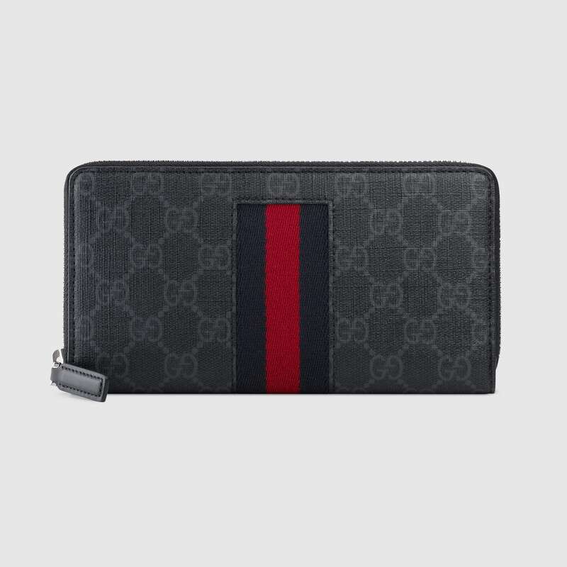 Gucci GG Unisex GG Supreme Web Zip Around Wallet in BlackGrey GG Supreme Canvas