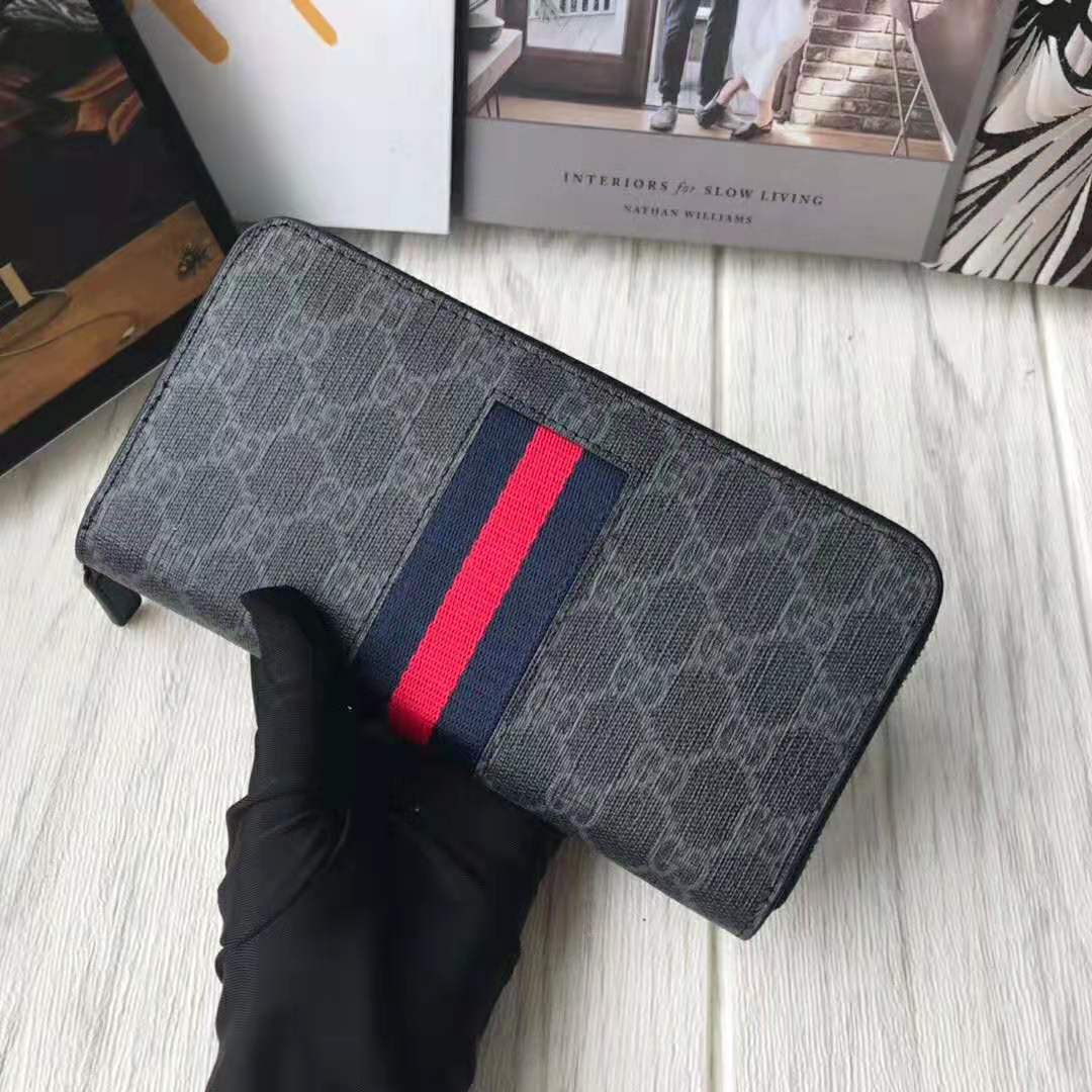 Gucci GG Unisex GG Supreme Web Zip Around Wallet in Black/Grey GG Supreme Canvas