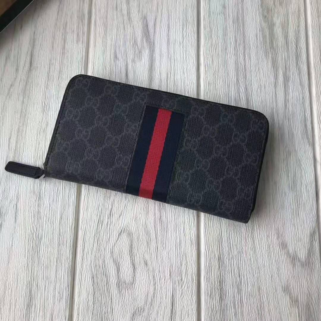 Gucci GG Unisex GG Supreme Web Zip Around Wallet in Black/Grey GG Supreme Canvas