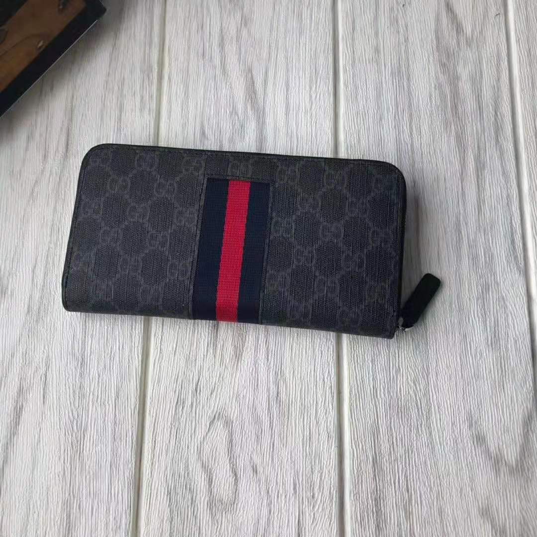 Gucci GG Unisex GG Supreme Web Zip Around Wallet in Black/Grey GG Supreme Canvas